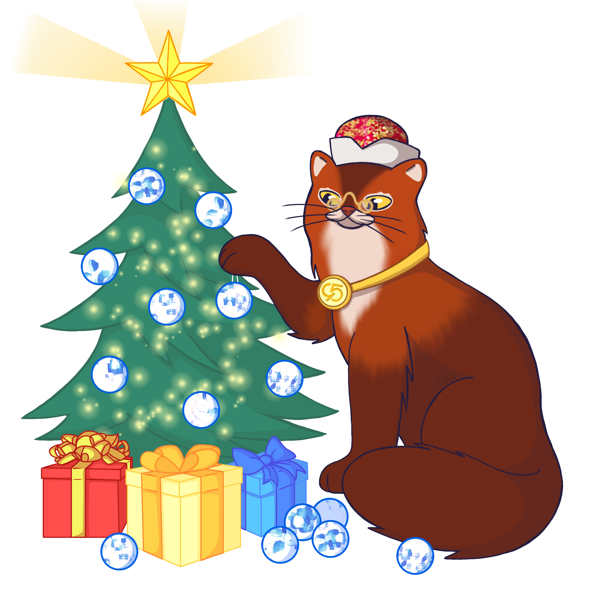 кот с елкой и желтой звездой